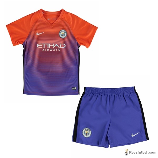 Camiseta Manchester City Replica Tercera Ropa Niños 2016/17 Azul Naranja
